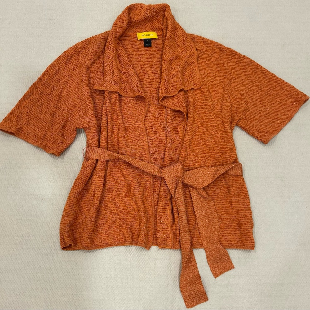St. John Short Sleeve Knit Cardigan Belted Layering Orange Size M